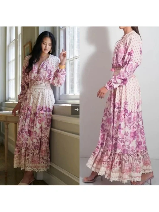 HEMANT & NANDITA Suki Maxi Dress Pink Floral Lace Boho Romantic Cottagecore S - Picture 5 of 13
